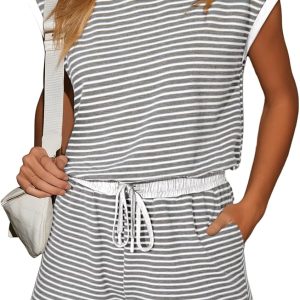 Dokotoo Women's Summer Casual Rompers Striped Shorts Overalls Adjustable Drawstring Waist Jumpsuits One Piece Outfits