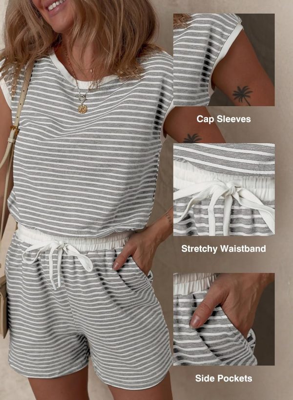 Dokotoo Women's Summer Casual Rompers Striped Shorts Overalls Adjustable Drawstring Waist Jumpsuits One Piece Outfits - Image 2