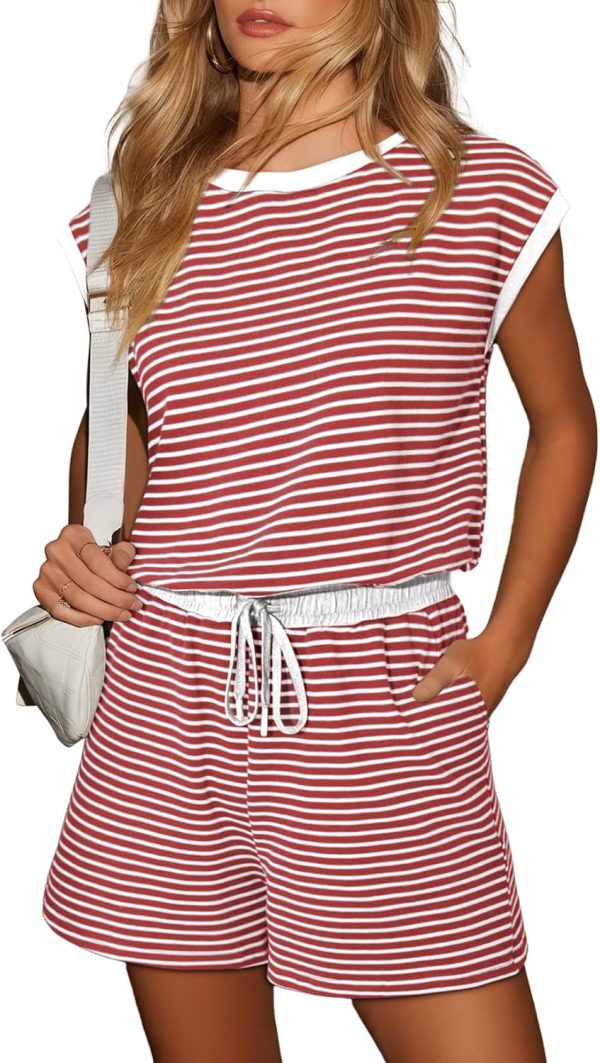 Dokotoo Women's Summer Casual Rompers Striped Shorts Overalls Adjustable Drawstring Waist Jumpsuits One Piece Outfits - Image 6