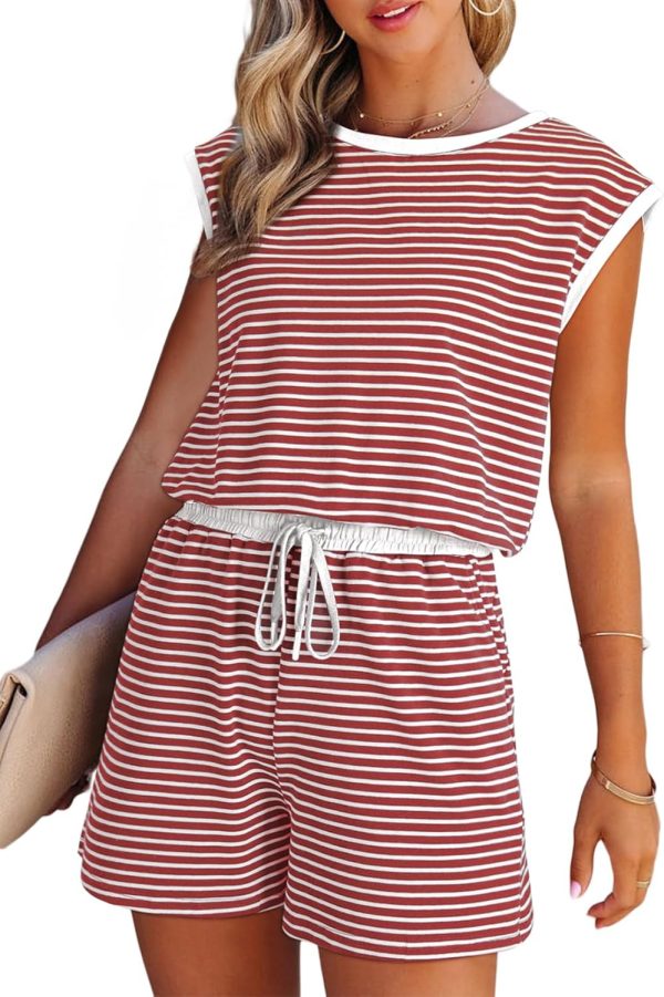 Dokotoo Women's Summer Casual Rompers Striped Shorts Overalls Adjustable Drawstring Waist Jumpsuits One Piece Outfits - Image 9