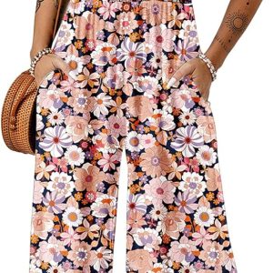Dokotoo Women's Casual Loose Overalls Jumpsuits One Piece Sleeveless Printed Wide Leg Long Pant Rompers With Pockets